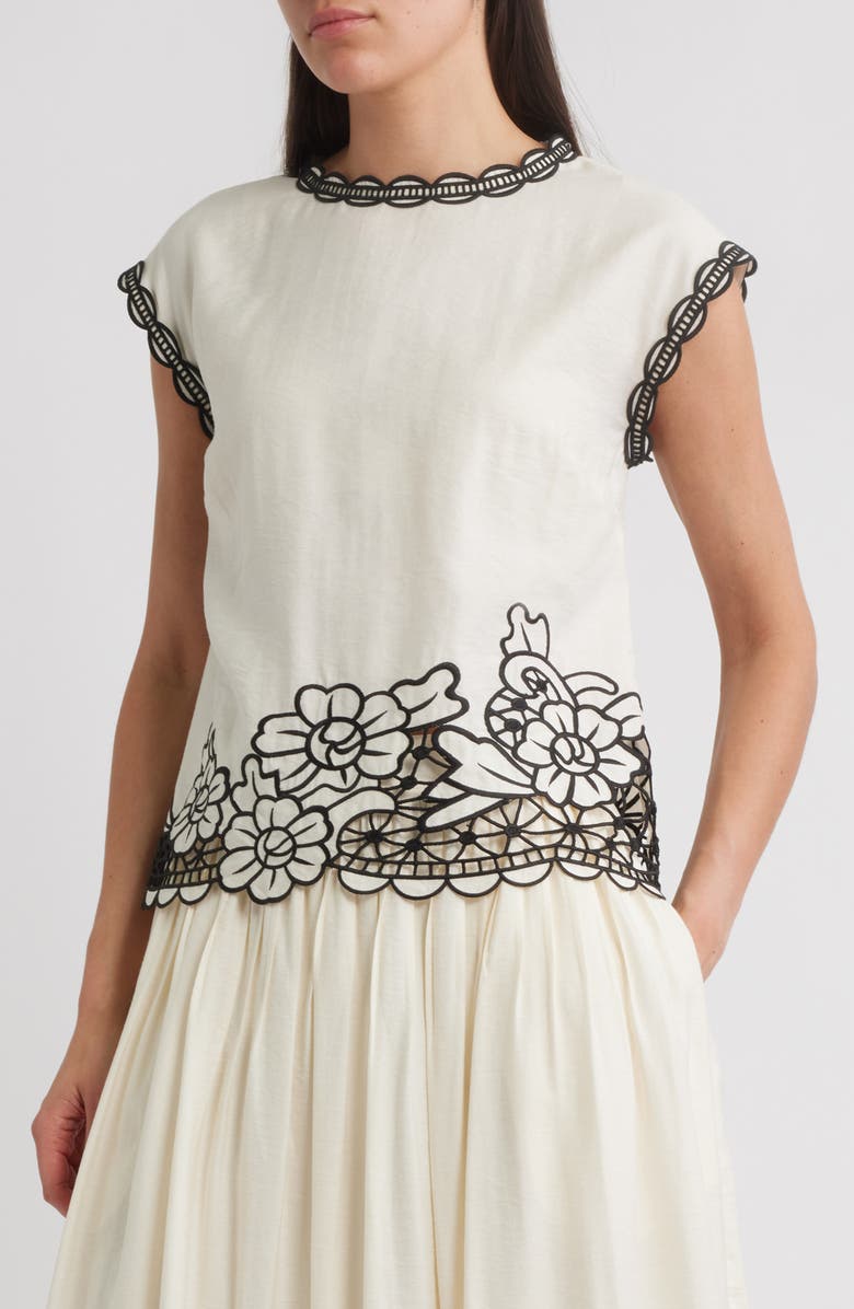 Elie Tahari The Poppy Embroidered Open Work Top, Main, color, Desert Sand