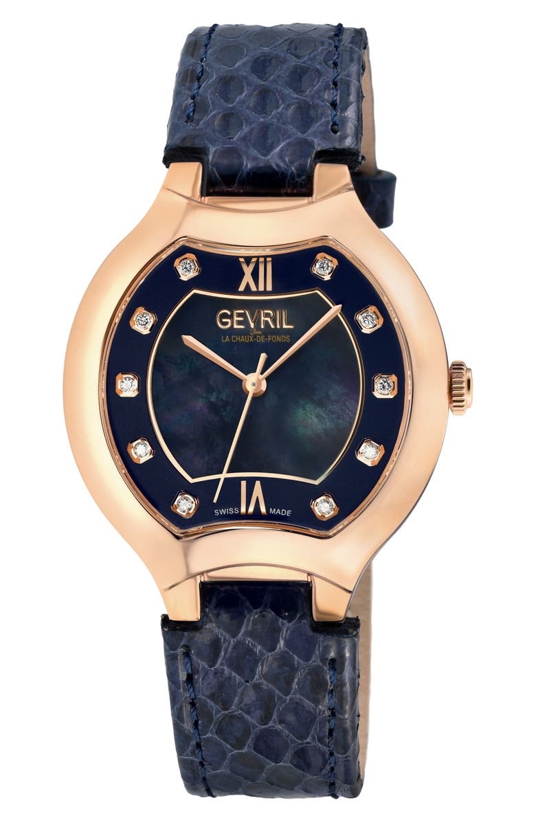 GEVRIL Lugano Diamond Snake Embossed Leather Strap Watch, 38mm ...