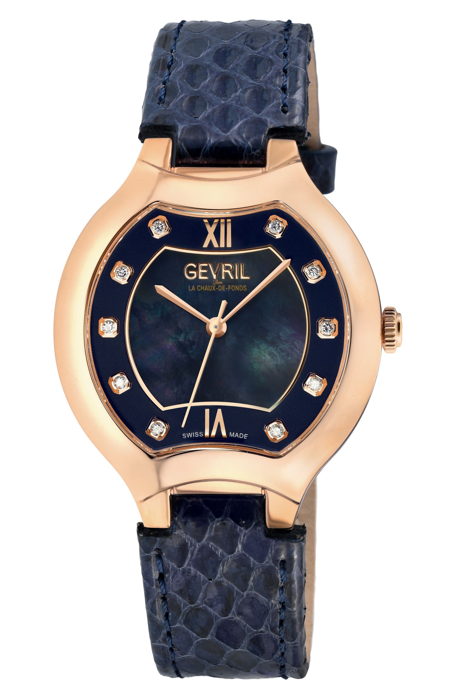 GEVRIL Lugano Diamond Snake Embossed Leather Strap Watch, 38mm ...