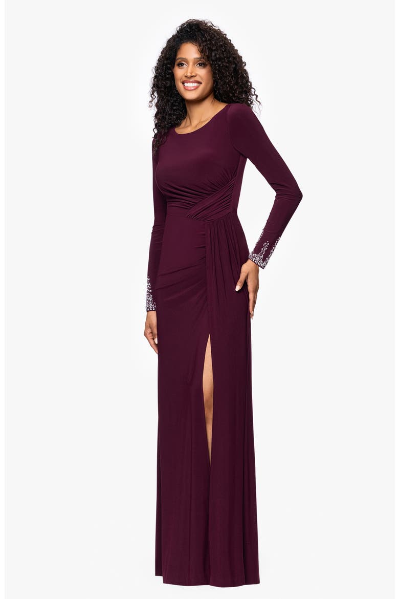 Embellished Cuff Ruched Long Sleeve Sheath Gown, Alternate, color, WINE