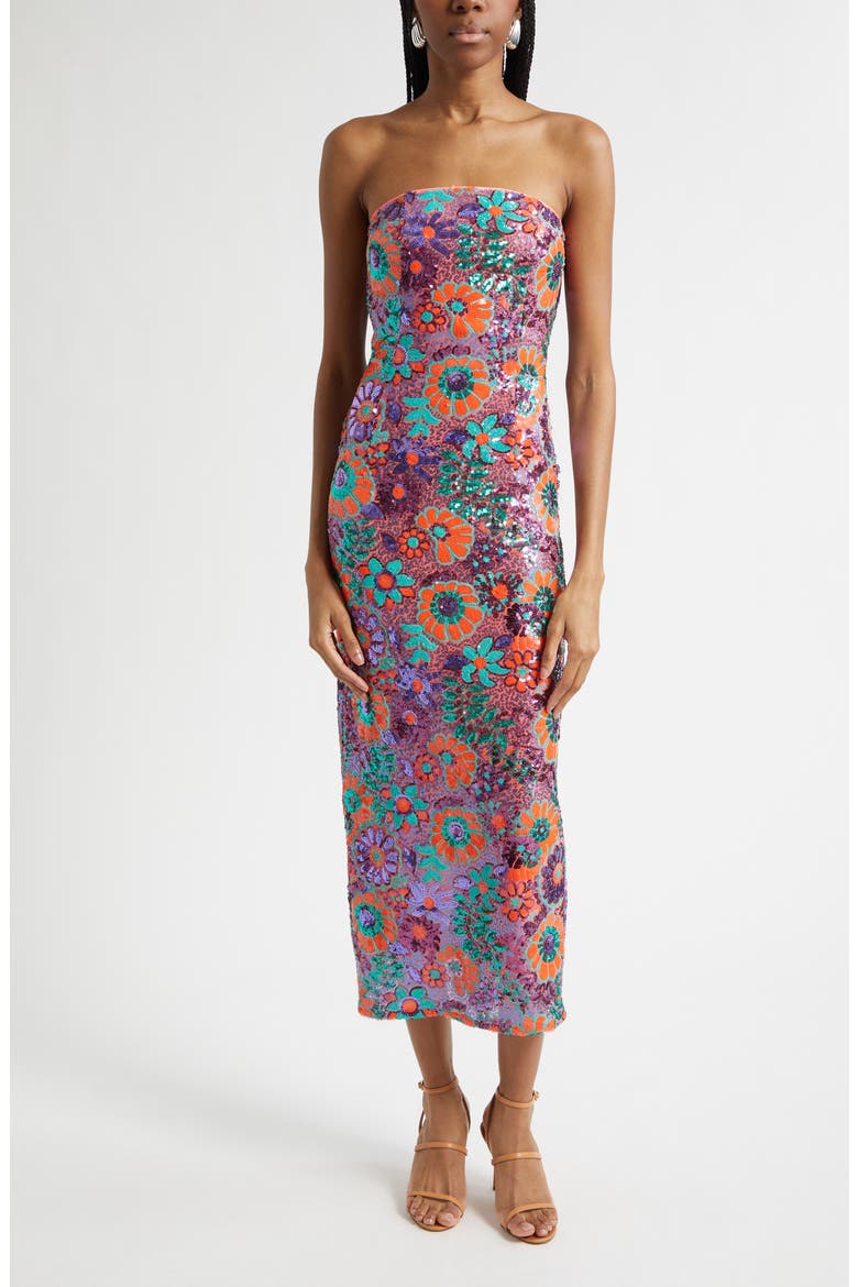 Bonnie Sequin Strapless Sheath Dress, Main, color, CORAL SEQUIN COMBO