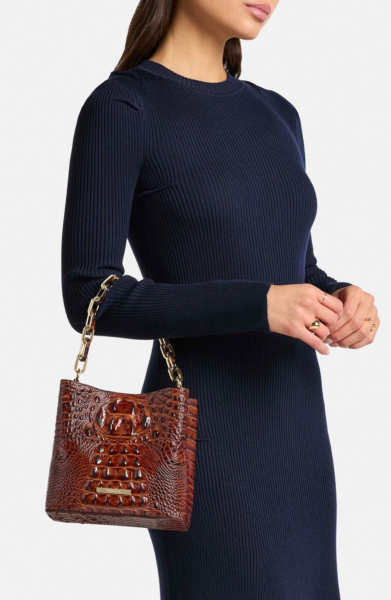 Brahmin Mini Amelia Embossed Leather Top Handle Bucket Bag, Alternate, color, Pecan