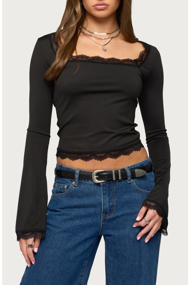 Kailin Lace Trim Bell Sleeve Crop Top, Main, color, BLACK