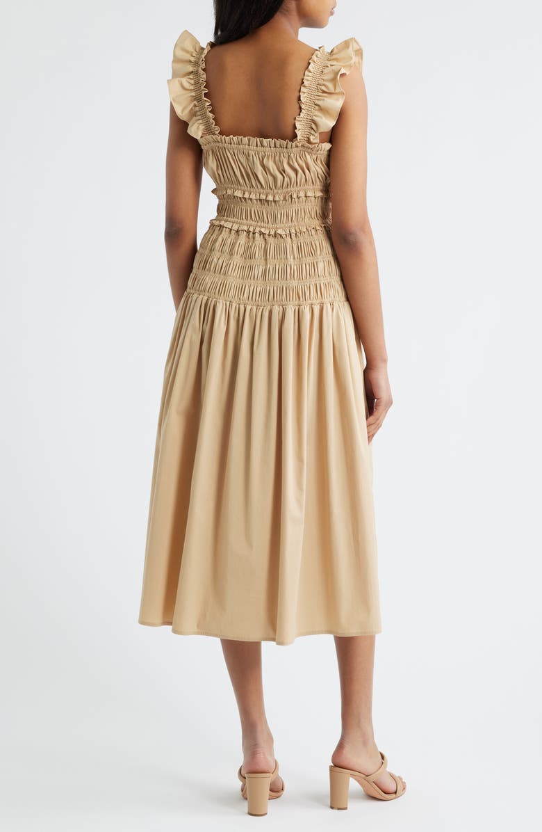 Anne Klein Smocked Ruffle Trim Midi Dress, Alternate, color, Desert Tan