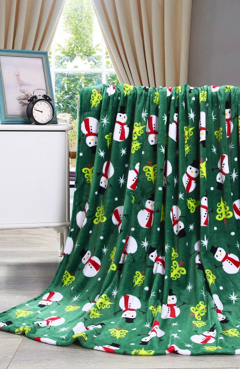 Luxury Home Green Snowman Plush Fleece Throw Blanket, Alternate, color, Green