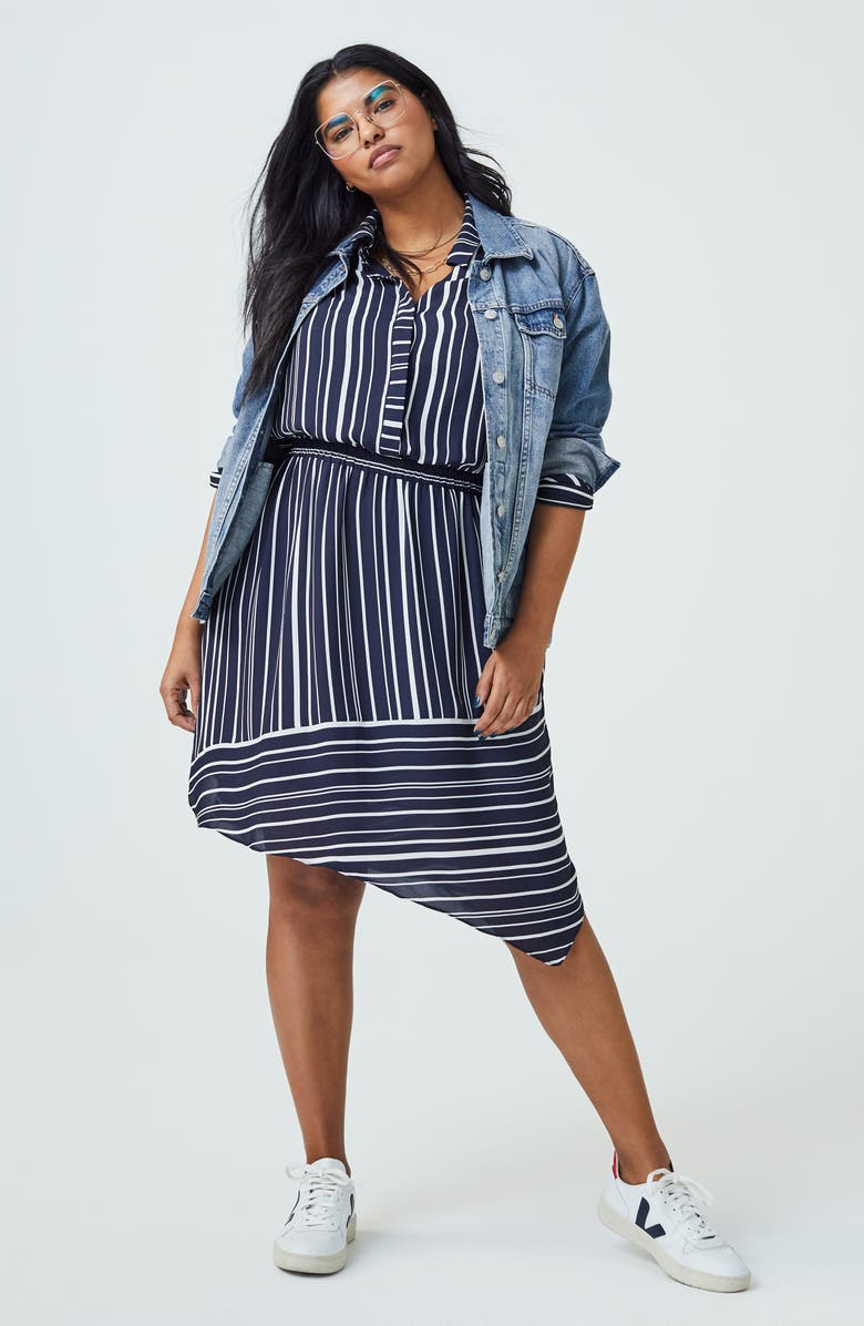 Vince Camuto Plain View Stripe Long Sleeve Asymmetrical Dress, Main, color, 