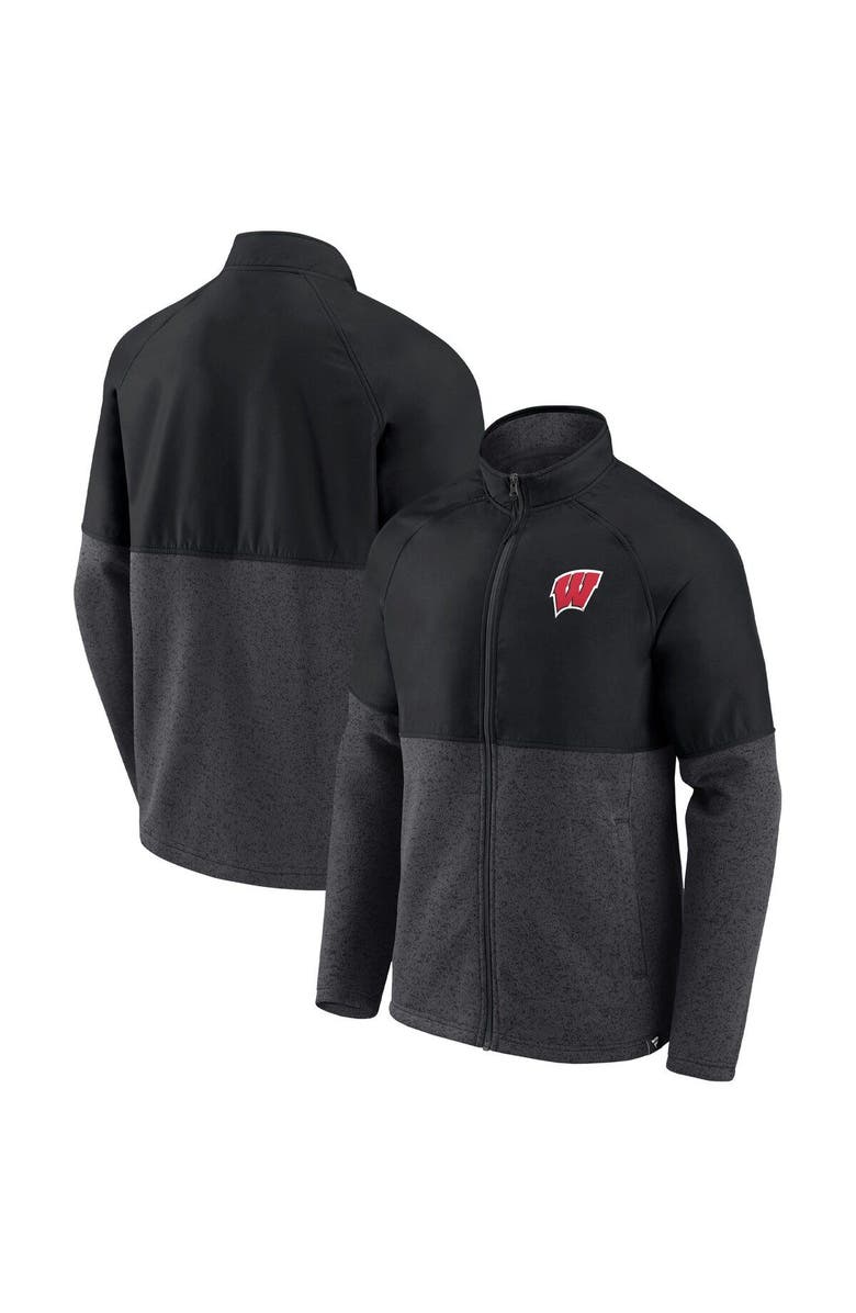 FANATICS Men's Fanatics Branded Black/Heathered Charcoal Wisconsin Badgers Durable Raglan Full-Zip Jacket, Main, color, 