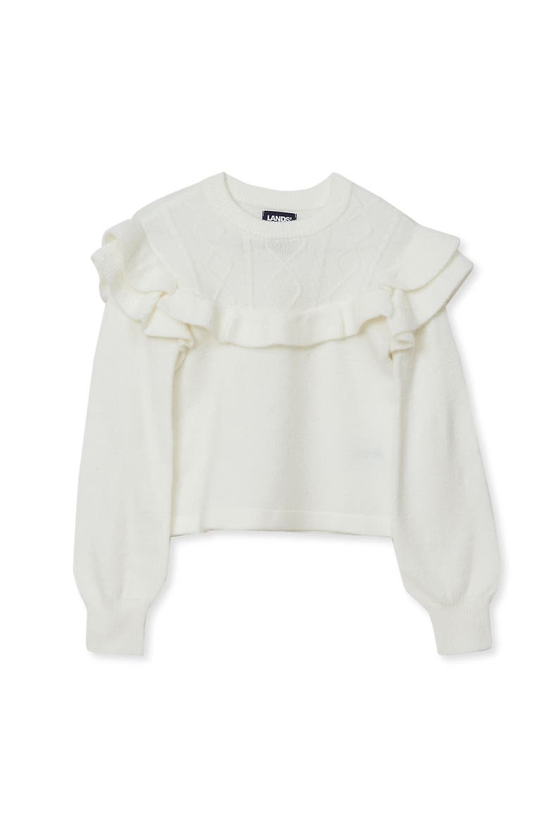 Girls Long Sleeve Ruffle Sweater, Main, color, Egret