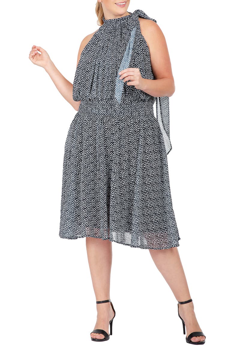 Halter Neck Flounce Dress, Alternate, color, BLACK WHITE