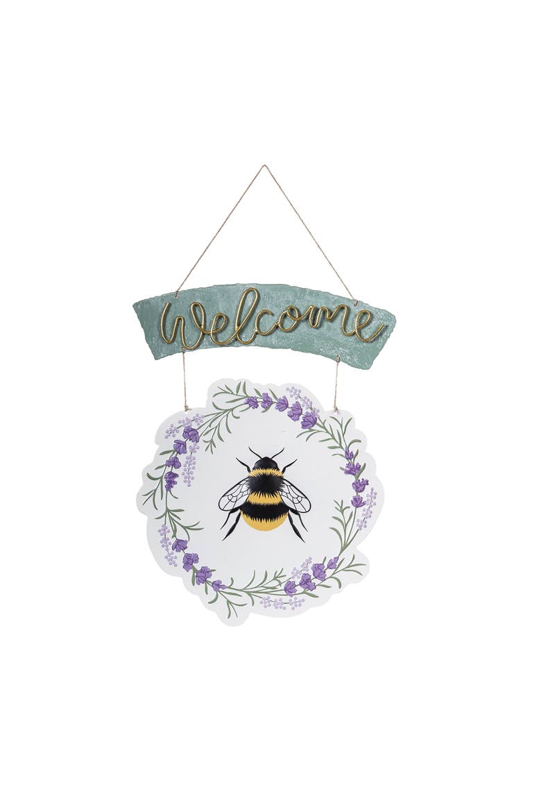 Welcome Lavender Bee Wreath Door or Wall Sign Decor 11.81" x 20.08", Main, color, Green