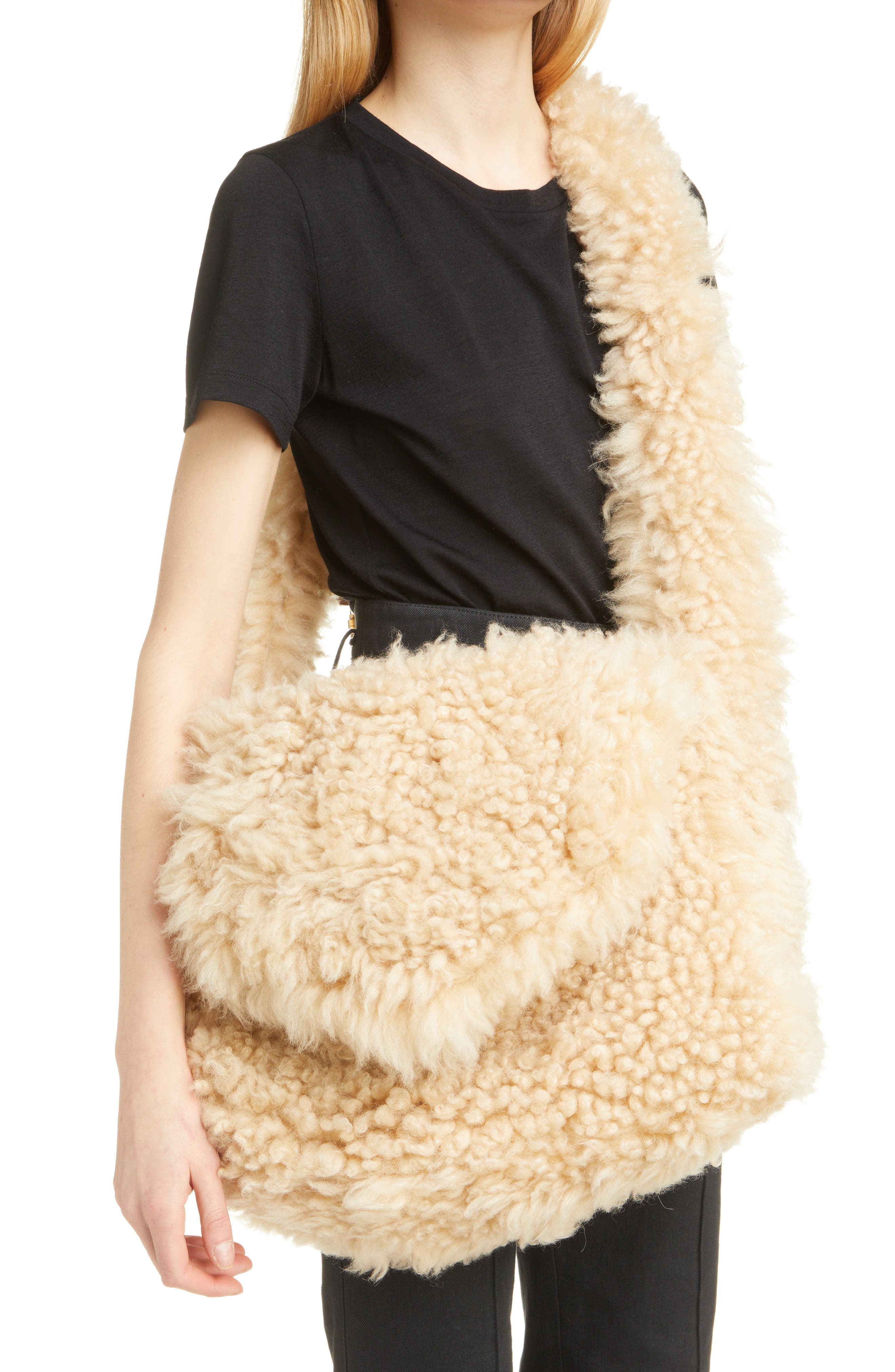 Saint Laurent Genuine Shearling Shoulder Bag, Alternate, color, 