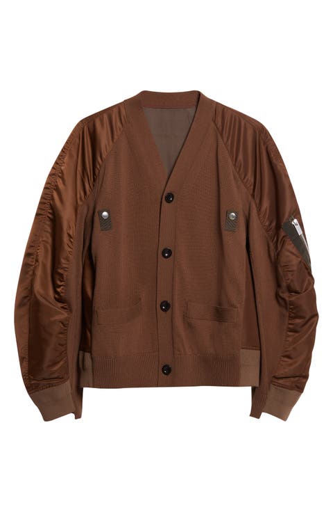 Mixed Media Knit & Nylon Twill Cardigan