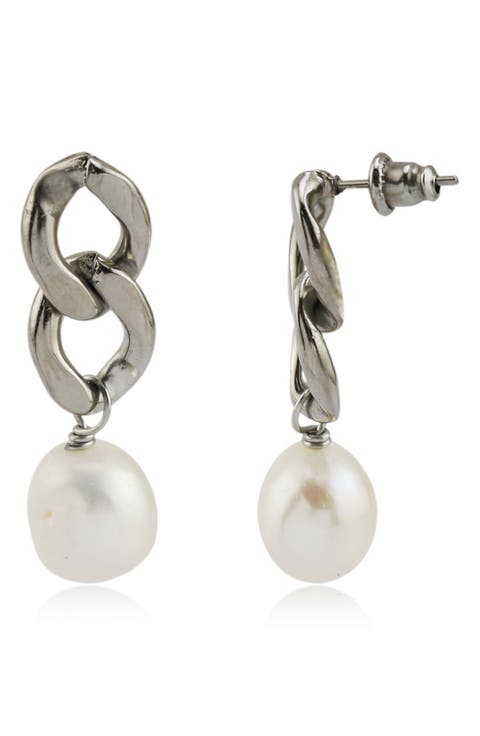 Curb Chain Drop Earring with Faux Pearl