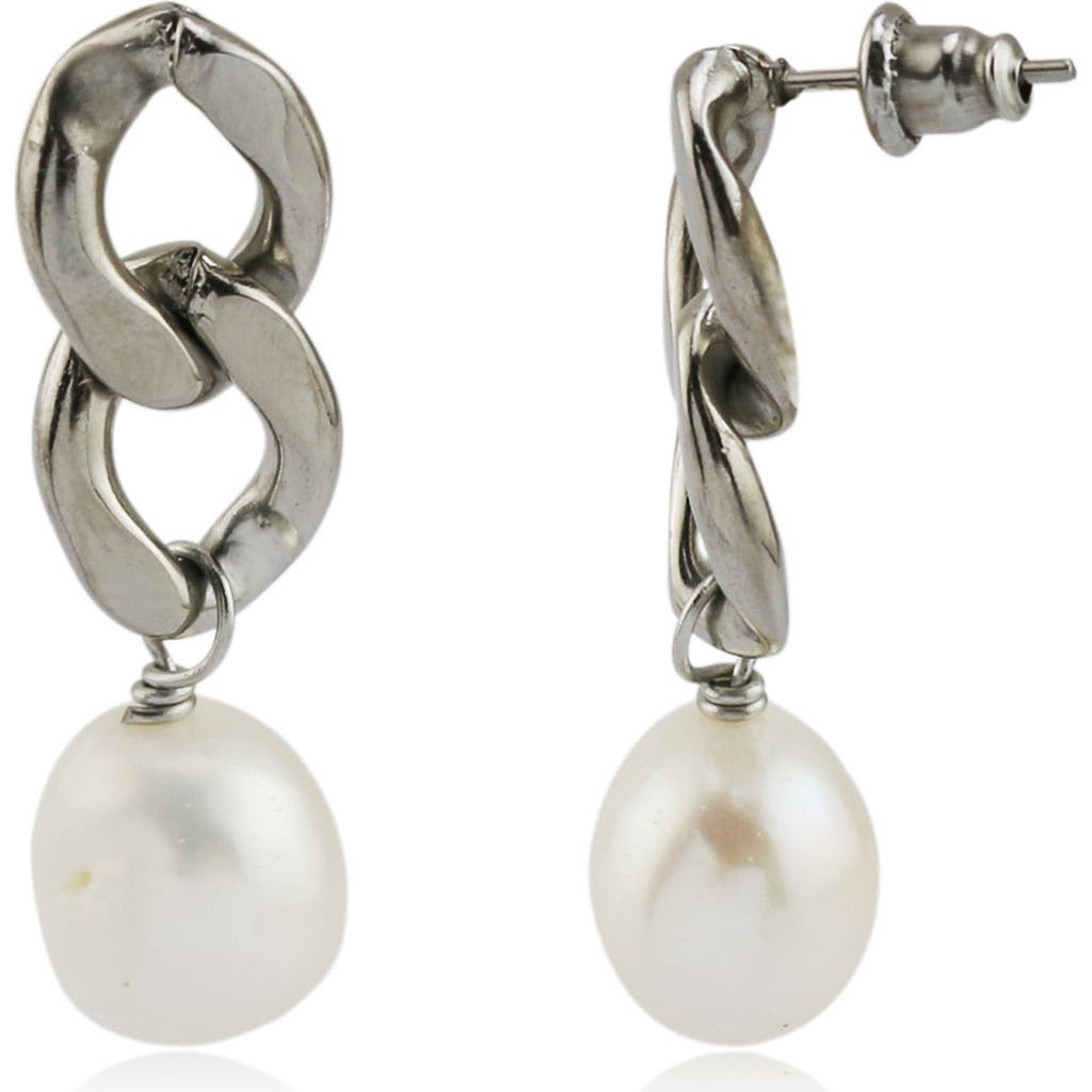 Rebl Gender Inclusive Ramesses Faux Pearl Drop Earrings In Silver