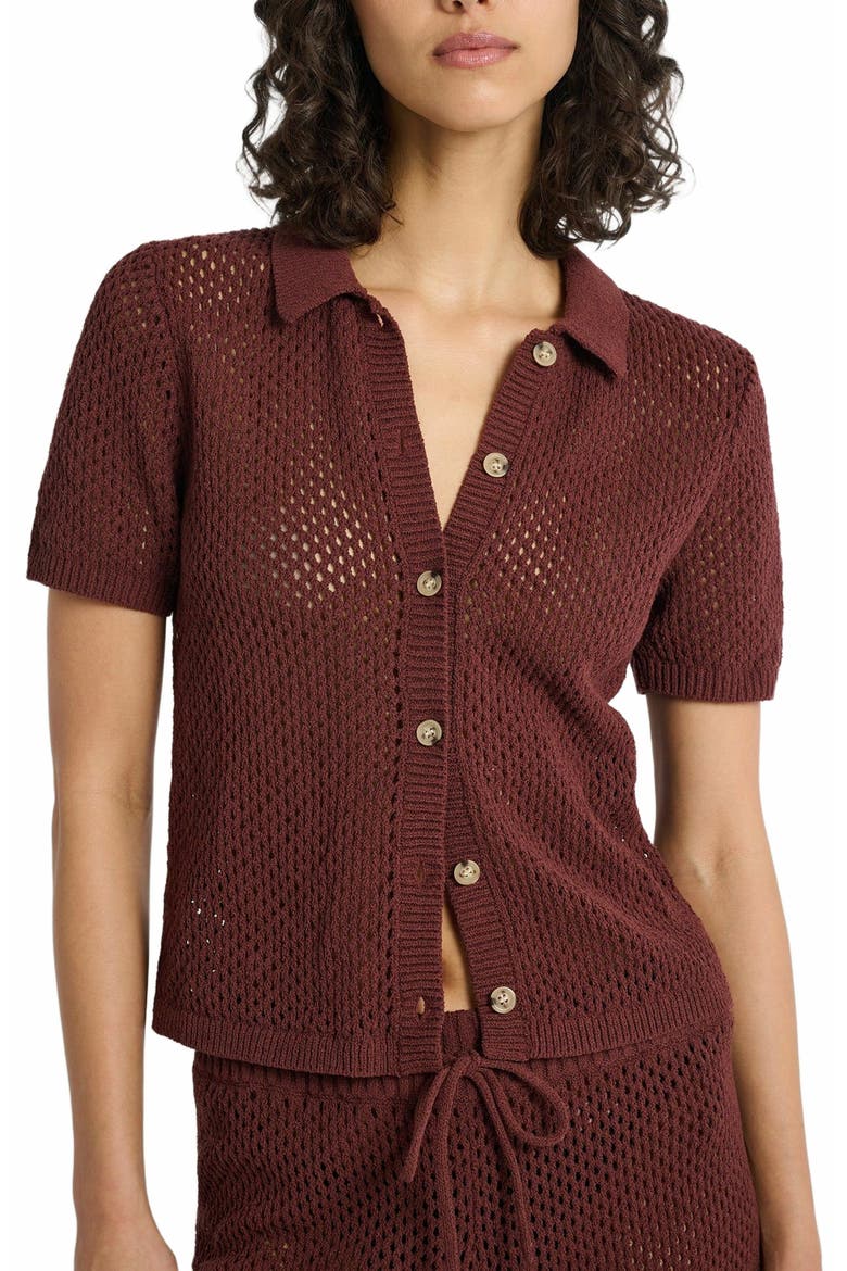 Crochet Knit Button Up Shirt, Alternate, color, RUM
