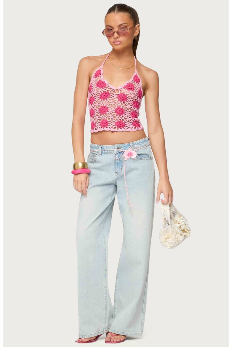 Floral Crochet Halter Top, Alternate, color, PINK
