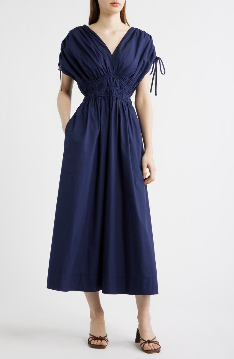 Vince Camuto Cotton Poplin Ruched Tie Shoulder Dress, Main, color, Navy