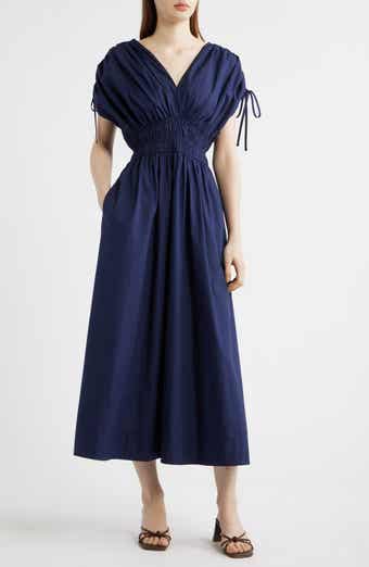 Cotton Poplin Ruched Tie Shoulder Dress