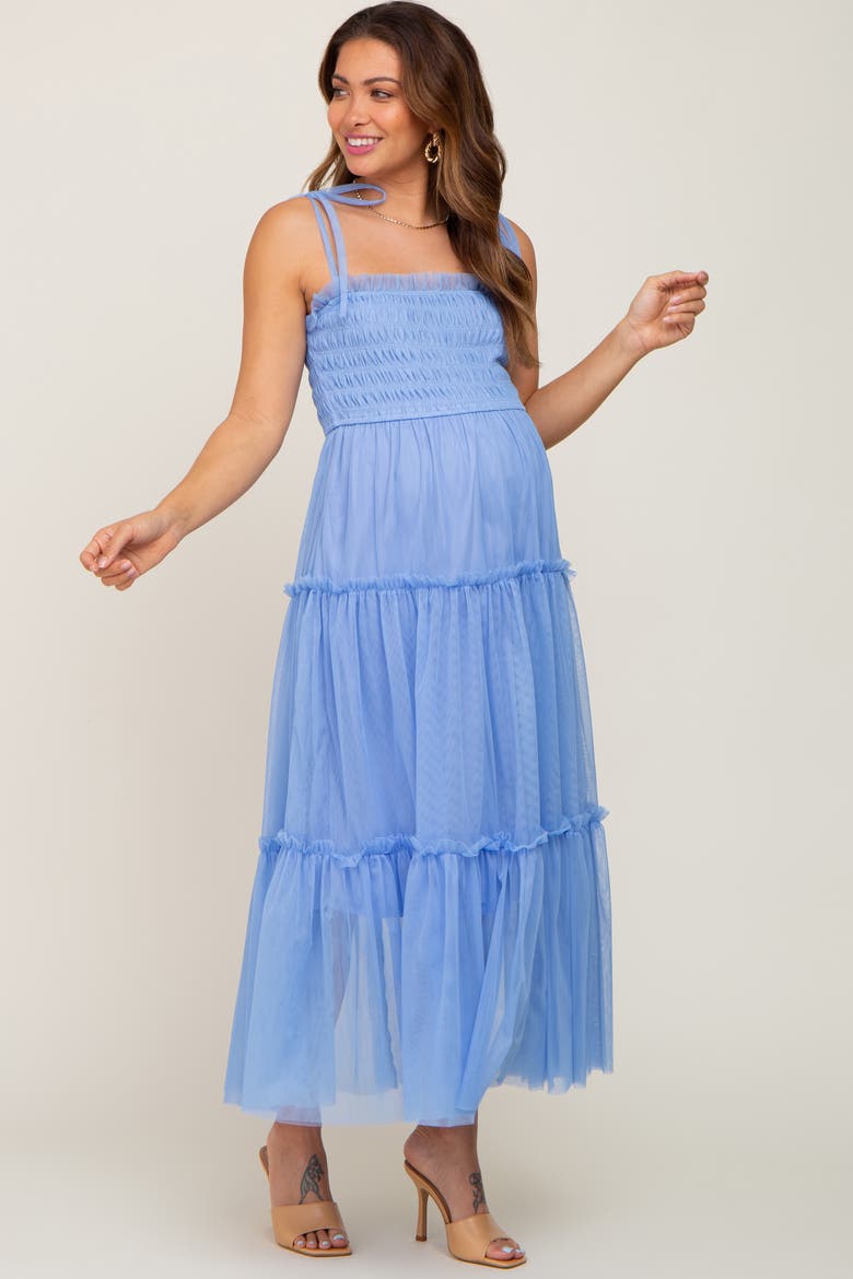 Smocked Mesh Midi Dress, Alternate, color, Light Blue