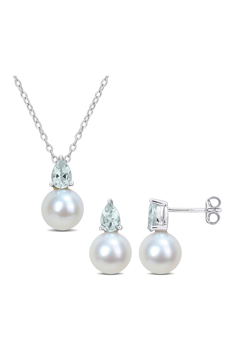 Aquamarine & Freshwater Pearl Stud Earrings & Pendant Necklace Set, Main, color, BLUE