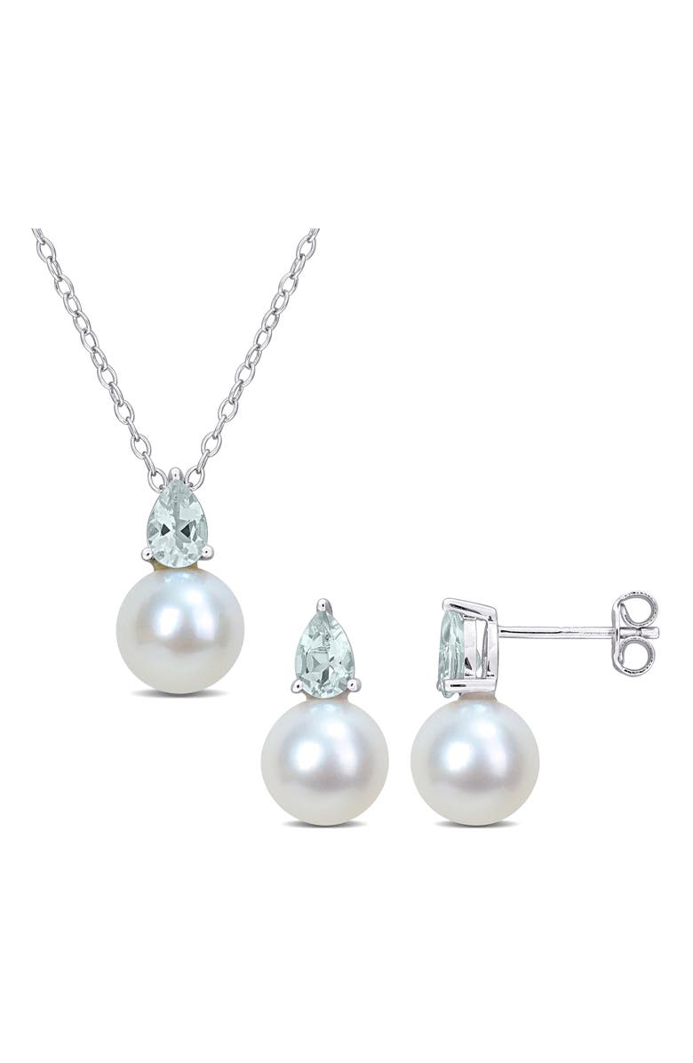 DELMAR Aquamarine & Freshwater Pearl Stud Earrings & Pendant Necklace Set, Main, color, Blue