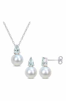 DELMAR Aquamarine & Freshwater Pearl Stud Earrings & Pendant Necklace Set