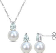 DELMAR Aquamarine & Freshwater Pearl Stud Earrings & Pendant Necklace Set