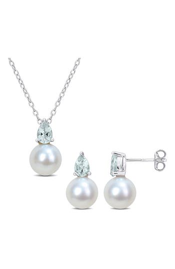 Delmar Aquamarine & Freshwater Pearl Stud Earrings & Pendant Necklace Set