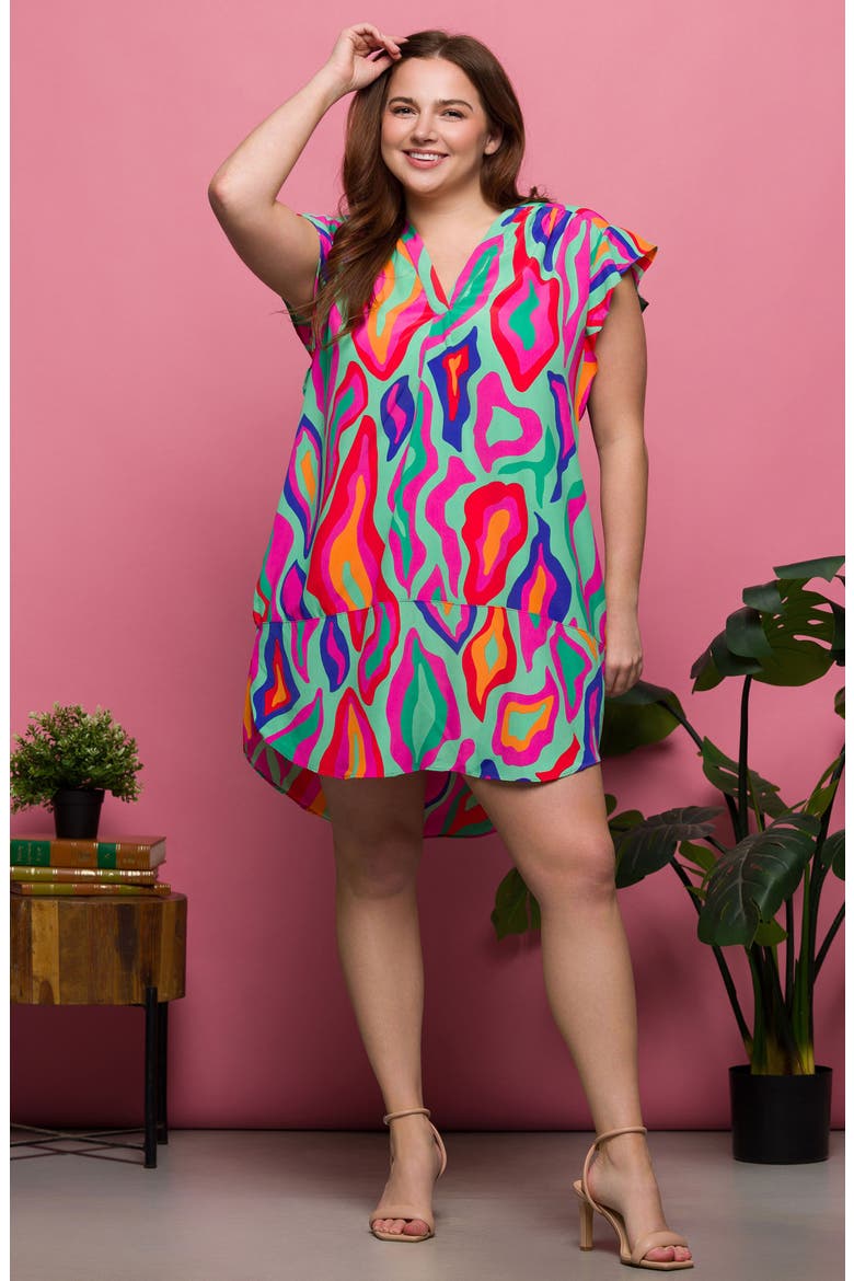 Printed Flutter Cap Sleeve Shift Dress, Alternate, color, GREEN MULTI