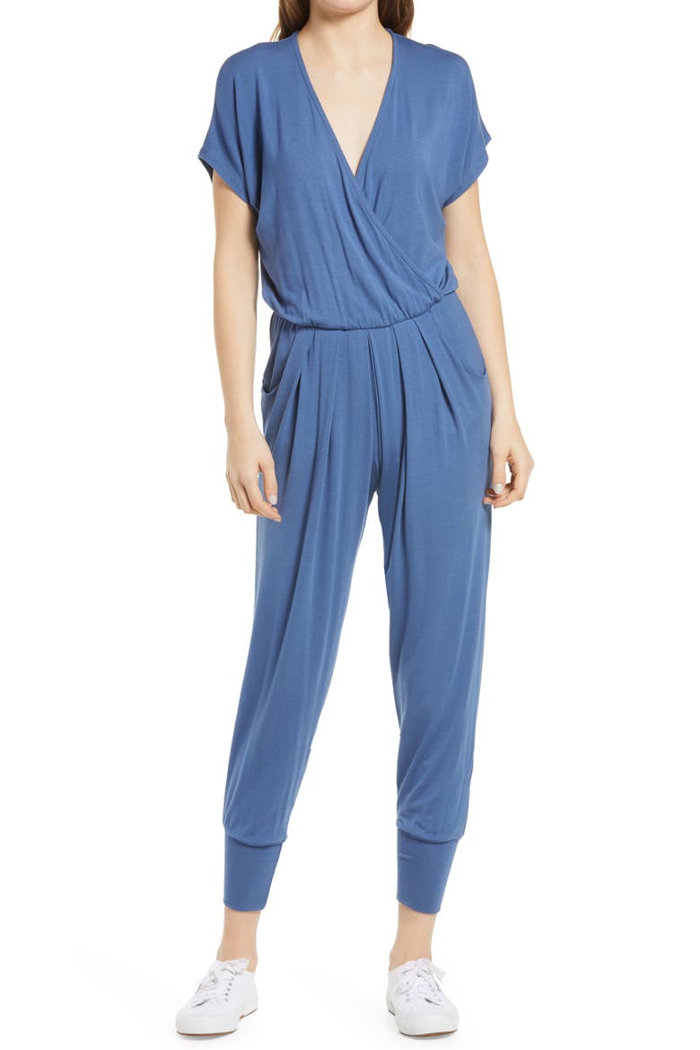 Short Sleeve Wrap Top Jumpsuit, Main, color, DENIM