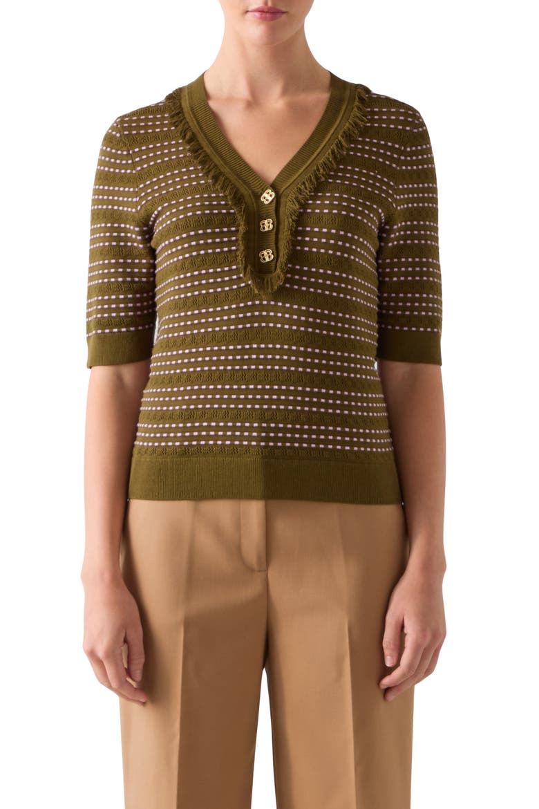 Fran Fringe Short Sleeve Henley Sweater, Main, color, GREEN