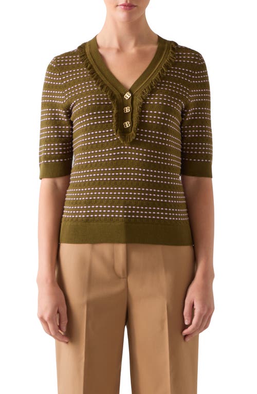 Lk Bennett Fran Fringe Short Sleeve Henley Sweater In Green
