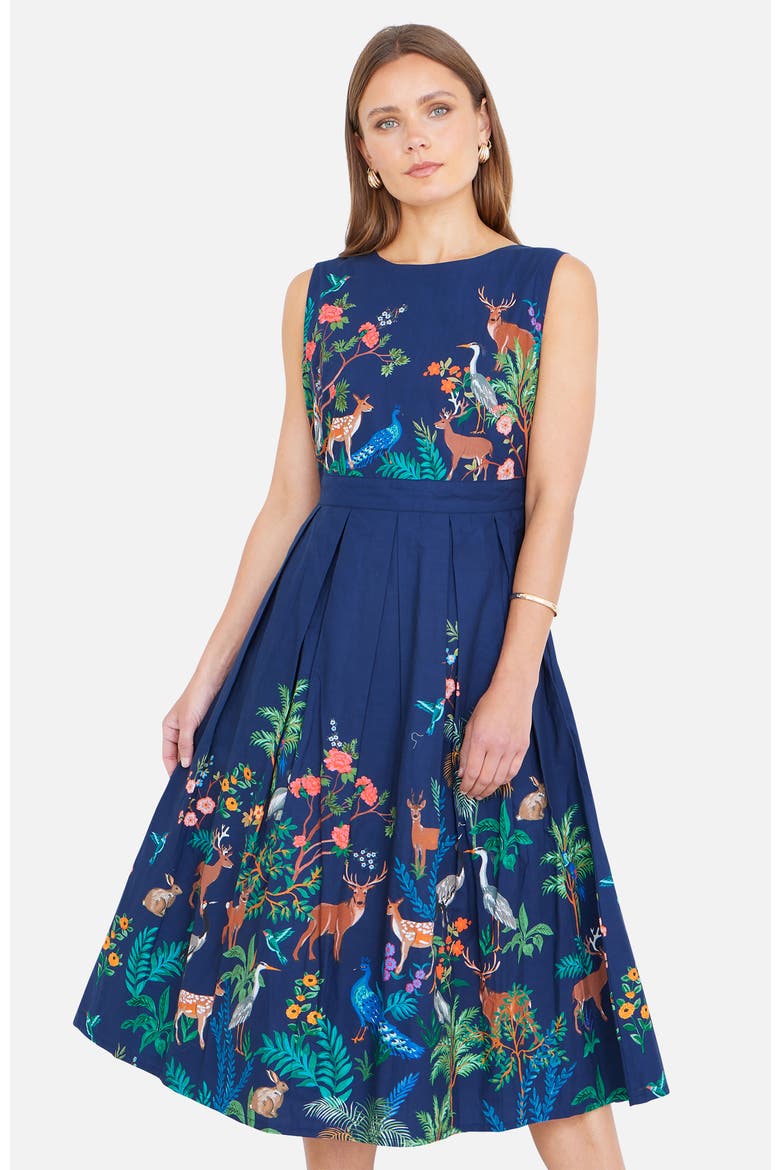 Animal Print Cotton Midi Skater Dress, Alternate, color, Navy