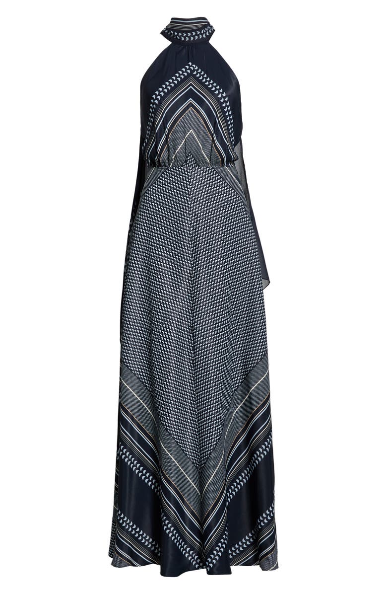 Reiss Skylar High Neck Scarf Print Maxi Dress, Main, color, Navy