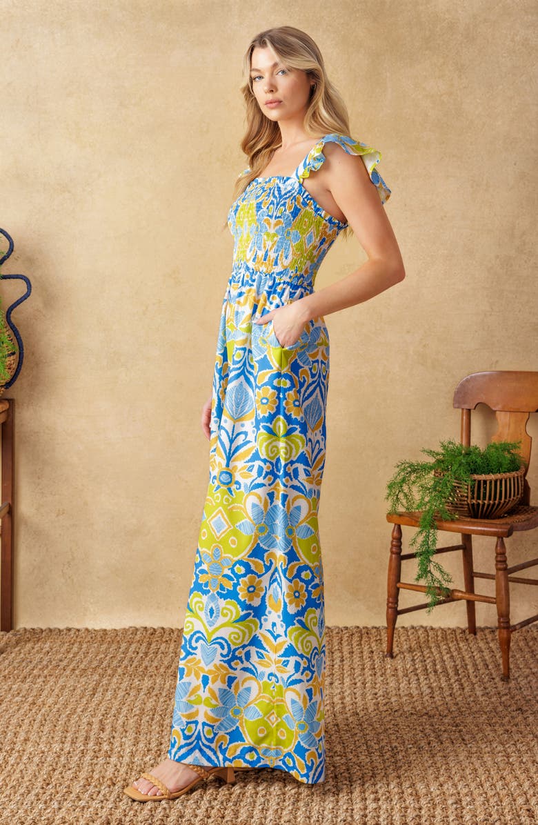 FLYING TOMATO Smocked Flutter Sleeve Jumpsuit, Alternate, color, Ivory Blue