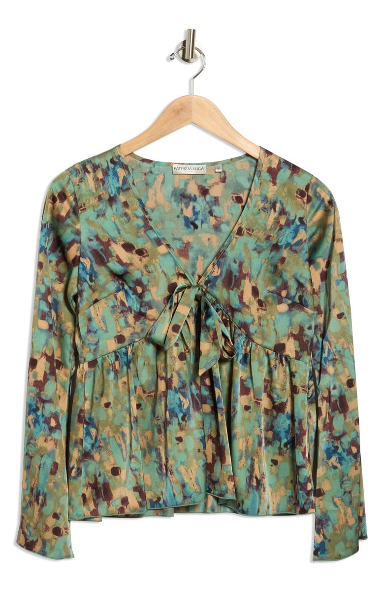 PATRIZIA LUCA V-Neck Bell Sleeve Print Top, Alternate, color, Teal