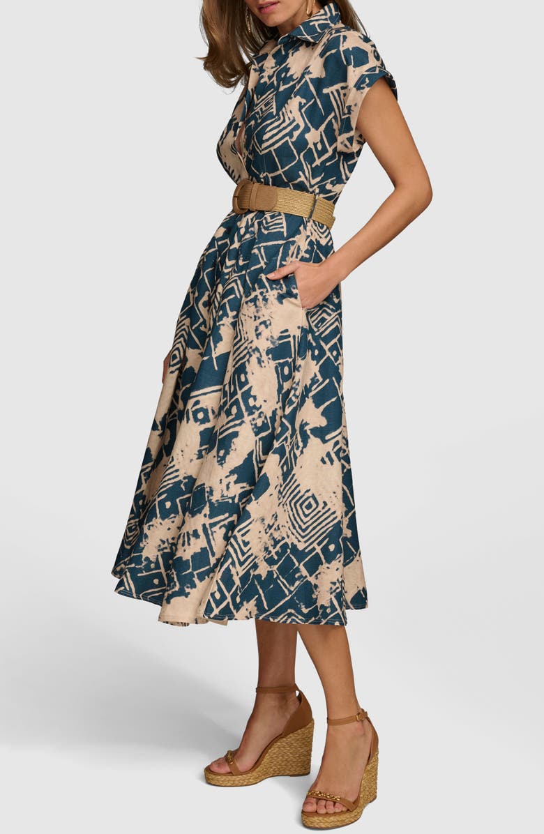 Donna Karan New York Abstract Print Belted Midi Linen Blend Shirtdress, Alternate, color, 