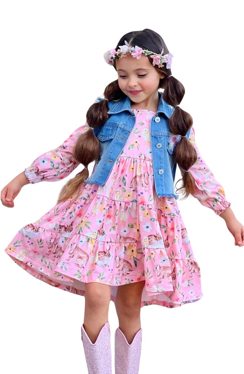 Mia Belle Girls Girls My Sweet Spring Denim Vest And Floral Bunny Dress Set, Main, color, Coral