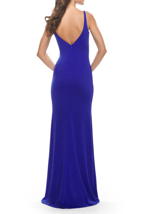 La Femme Simple Chic Long Jersey Gown With Square Neckline In Royal Blue