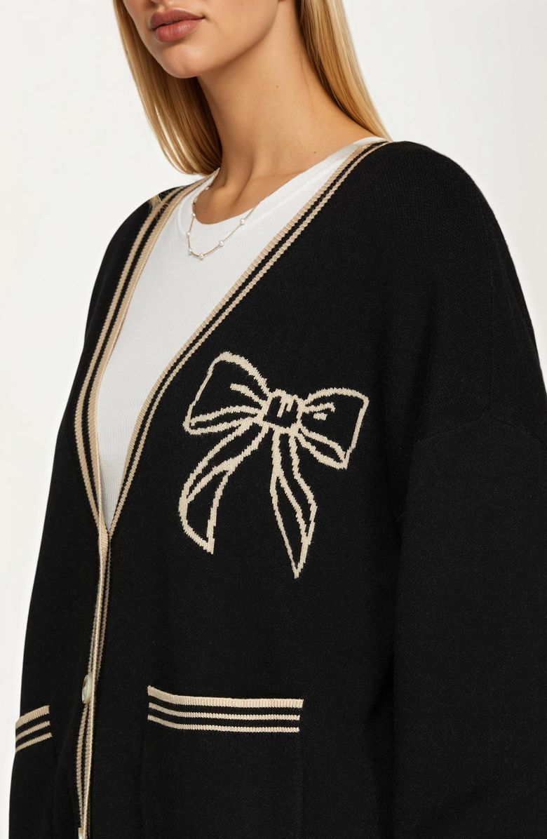 Knit and Lounge Contrast Trm Bow Detail Cardigan, Alternate, color, 