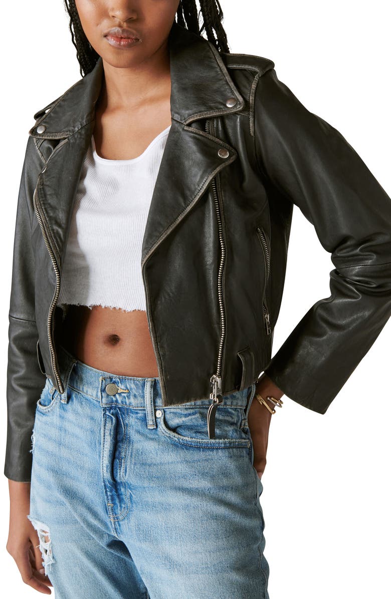 Lucky Brand Distressed Crop Leather Moto Jacket, Main, color, 