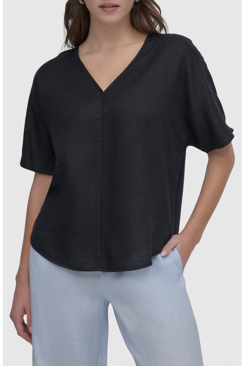 V-Neck Linen Top, Main, color, BLACK
