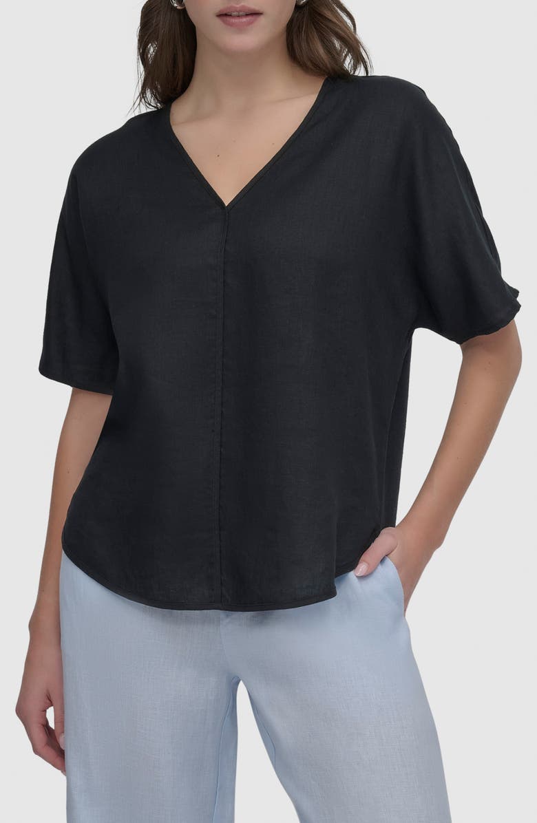 DKNY V-Neck Linen Top, Main, color, 