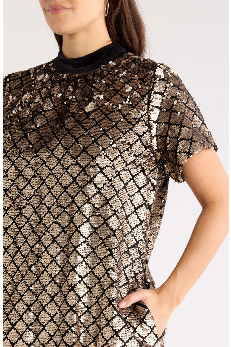 Sequined Mock Neck Shift Dress, Alternate, color, SILVER
