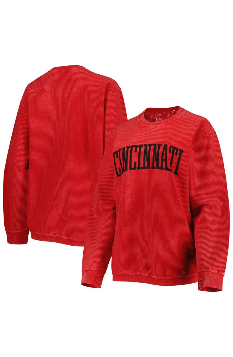 PRESSBOX Women's Pressbox Red Cincinnati Bearcats Comfy Cord Vintage Wash Basic Arch Pullover Sweatshirt, Main, color, 