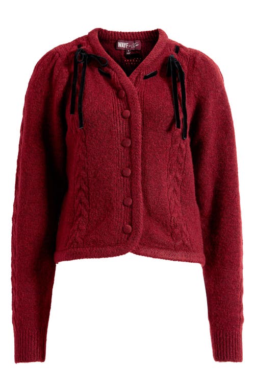 Wayf X Sara Walker Jackie Velvet Bow Cable Stitch Cardigan In Burgundy
