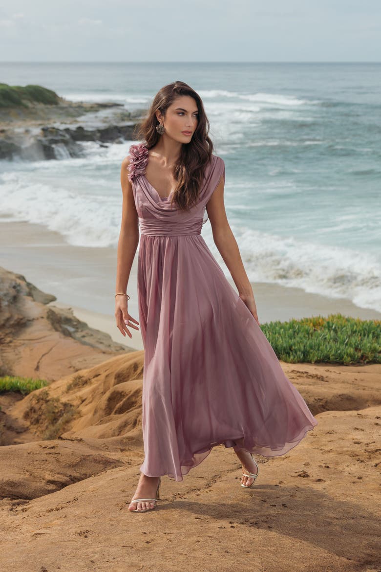 Chiffon Cowl Neck 3D Flower Midi Dress, Alternate, color, Antique Rose