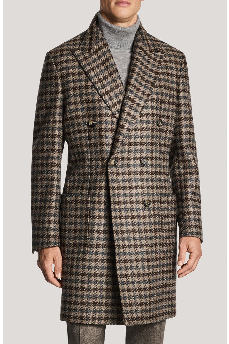 Titan Houndstooth Wool & Cashmere Harvard Overcoat, Main, color, BROWN