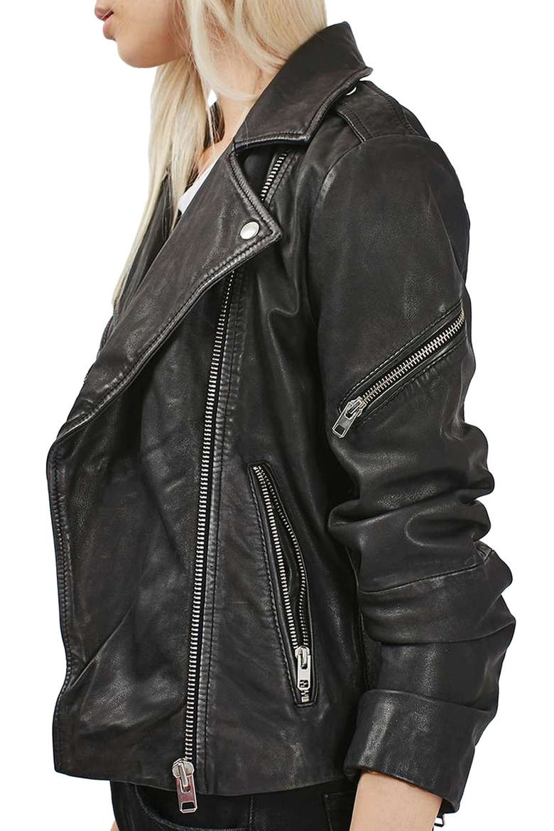 Lightning Leather Biker Jacket, Alternate, color, BLACK
