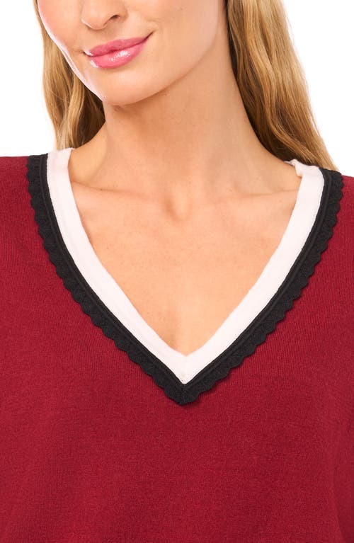 Cece Scalloped Trim V-neck Sweater In Burgundy